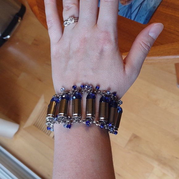 Handmade Bullet Shell Casing Bracelet With Blue Swarovski Crystals - Picture 5 of 15